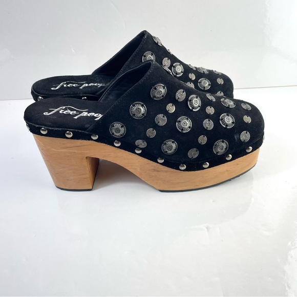 Free People Claudia Clogs Black Suede Platforms Metal Coin Embellishments Black - Picture 5 of 16